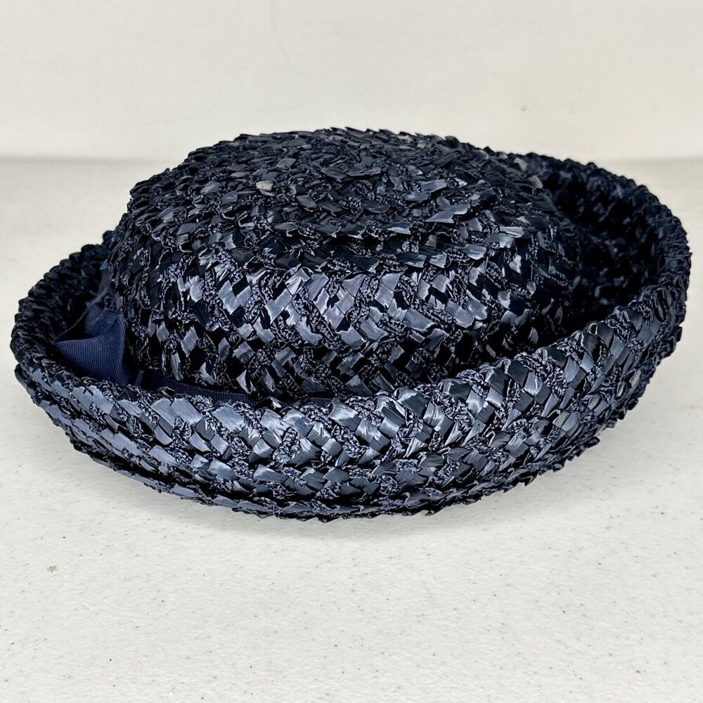 Vintage braided straw 1960’s Ribbon Navy Blue Womens Bowler Clouche‎ Hat - Picture 3 of 7